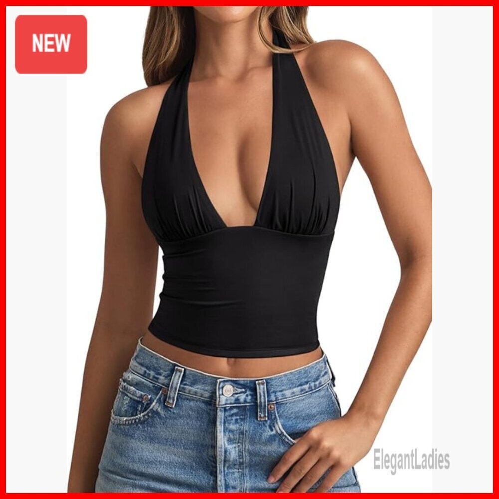 Plunge Neck Backless Halter Tank Top Double Lined Crop Top Summer Sleeveless